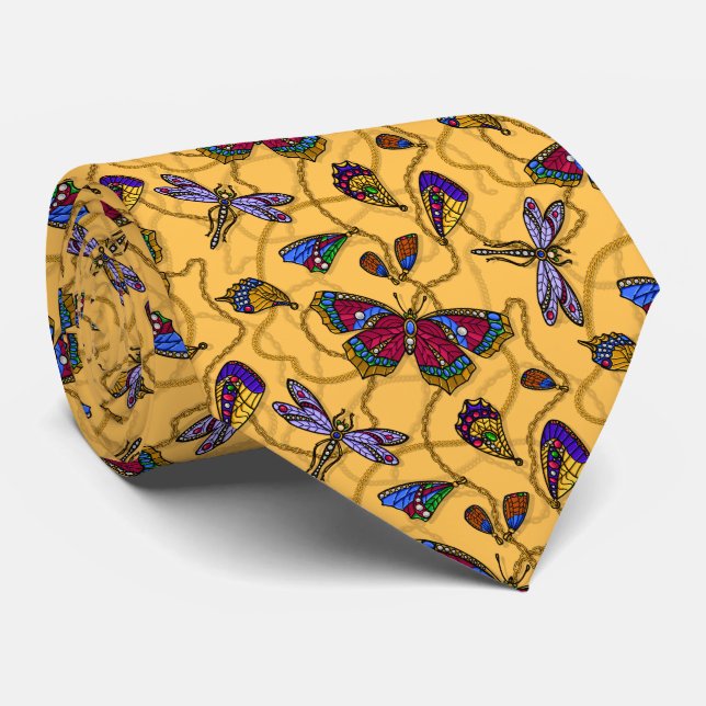 Jewellery butterflies and dragonflies on yellow tie (Rolled)
