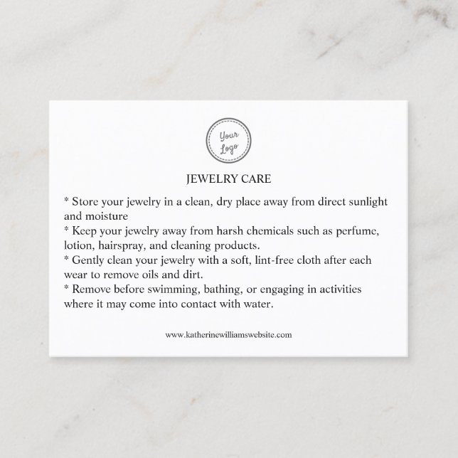 Jewellery Care Card Add Your Logo QR Code  (Front)