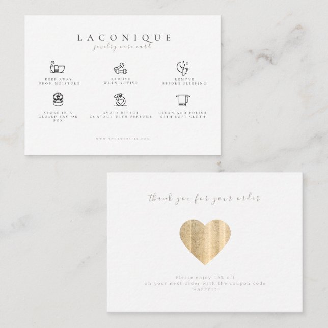  Jewellery Care Instructions | Gold Heart Business Card (Front/Back)