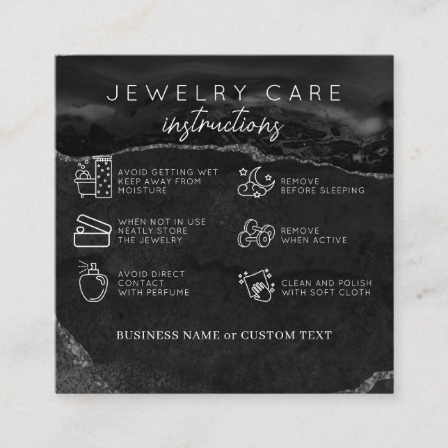 Jewellery Care Thank You Black Silver Agate Busine Enclosure Card (Front)