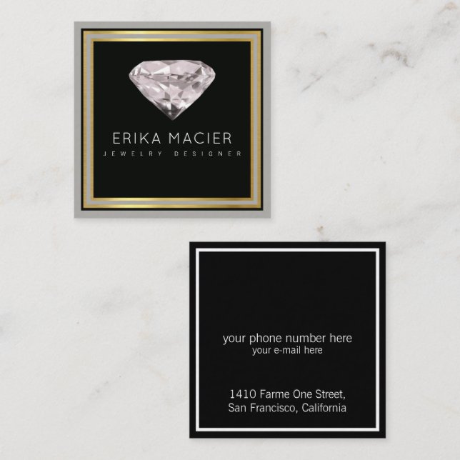 jewellery designer chic & elegant black square business card (Front/Back)