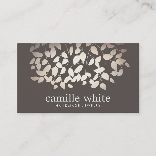 Jewellery Designer Faux Gold Foil Leaves Taupe Business Card (Front)