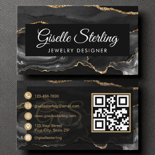 Jewellery Designer QR Code Black Gold Agate Luxury Business Card