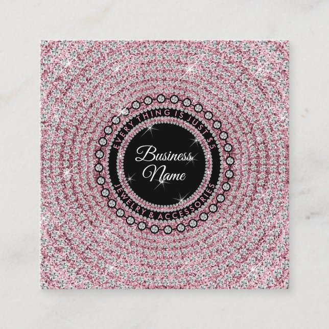 Jewellery Diamond Circle Pink Glitz Bling Elegant Square Business Card (Front)