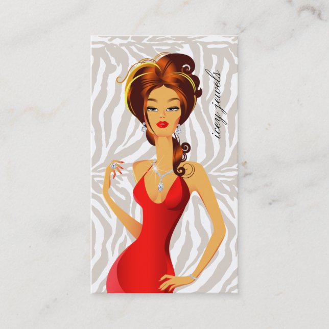 Jewellery Diamonds Red Woman Zebra Beige Business Card (Front)