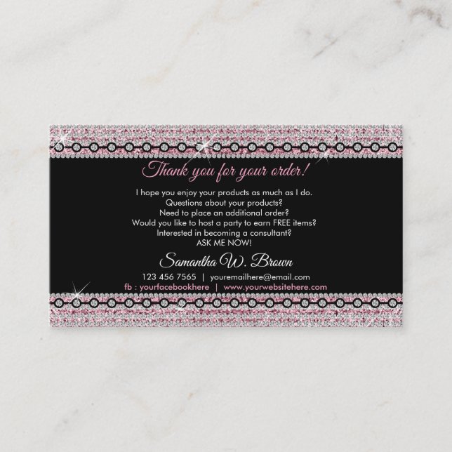 Jewellery Glitter Pink Diamonds Thank You For Orde Business Card (Front)