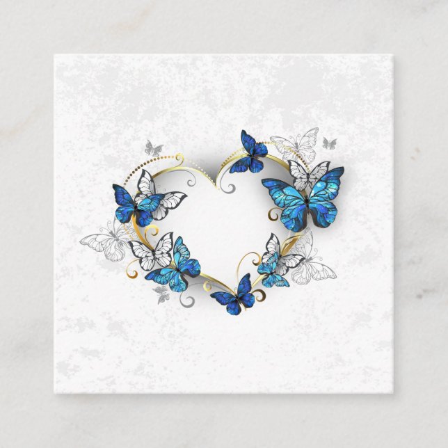 Jewellery Heart with Butterflies Morpho Square Business Card (Front)