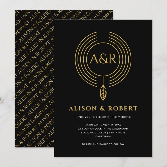 Jewellery inspired frame, leaf and initials weddin invitation (Front/Back)