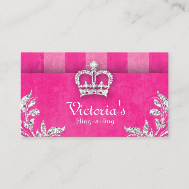 Jewellery Leaves Stripes Crown Pink Business Card (Front)