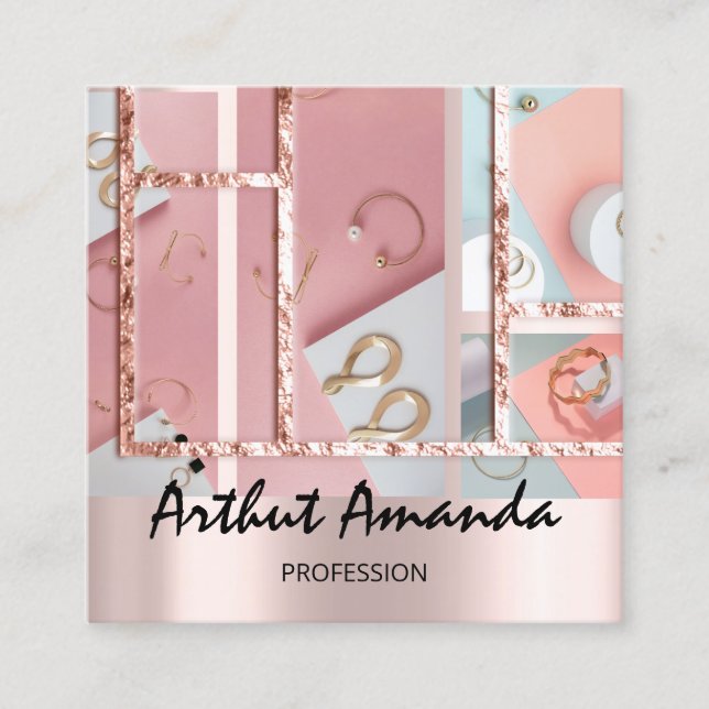 Jewellery Luxury Gold Pearl Rose Pink Photo Frame Square Business Card (Front)