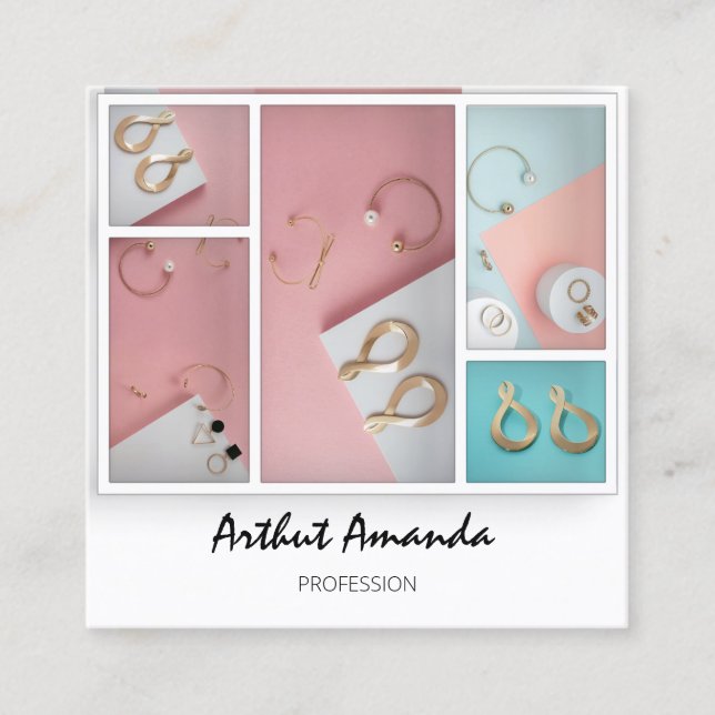 Jewellery Luxury Goods Pearls Rose Pink White Fram Square Business Card (Front)