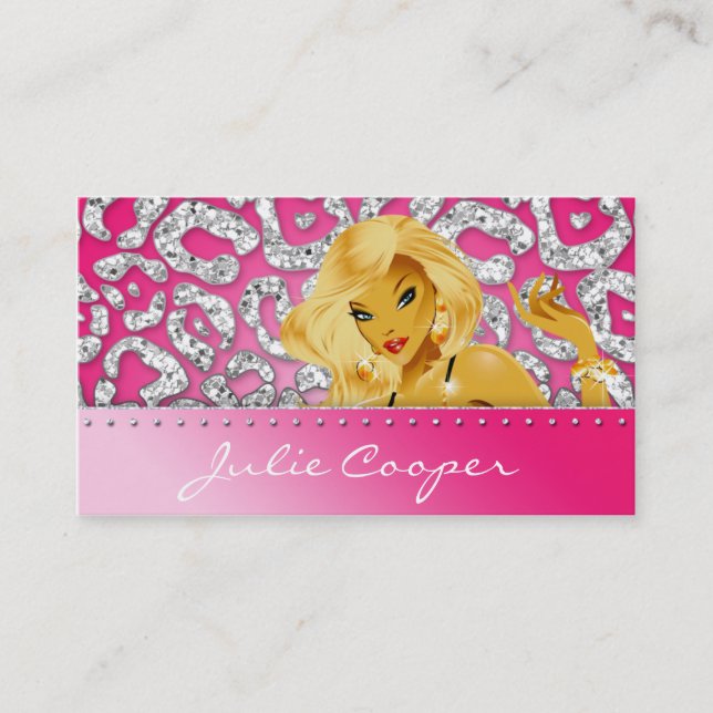 Jewellery Pink Silver Leopard Tanning Business Card (Front)