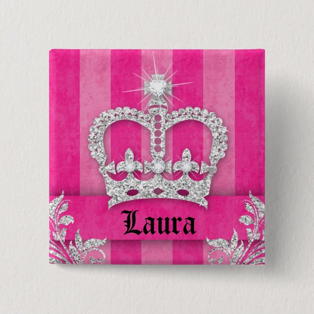 Jewellery Princess Crown Pink Stripes Brooch 15 Cm Square Badge (Front)