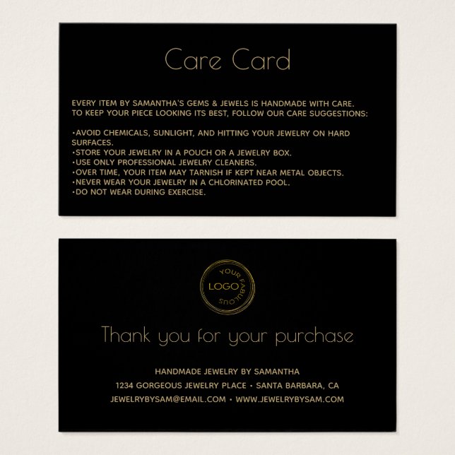 Jewellery Product Black  Care Card  (Front & Back)