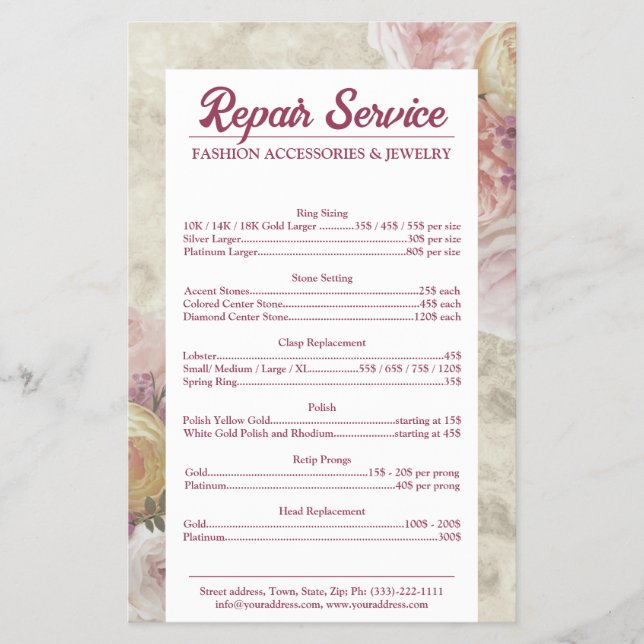 Jewellery Repair Price List Pink Peony Flower Flyer (Front)