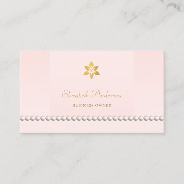 Jewellery Store Pink and Gold String of Pearls Business Card (Front)