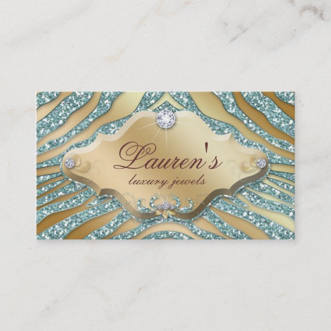 Jewellery Zebra Business Card Sparkle Teal Gold (Front)