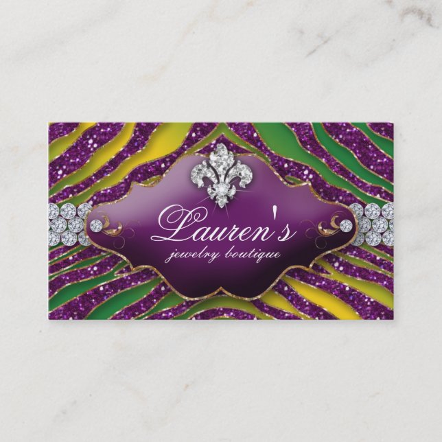 Jewellery Zebra Fleur de lis Mardi Gras Purple Business Card (Front)