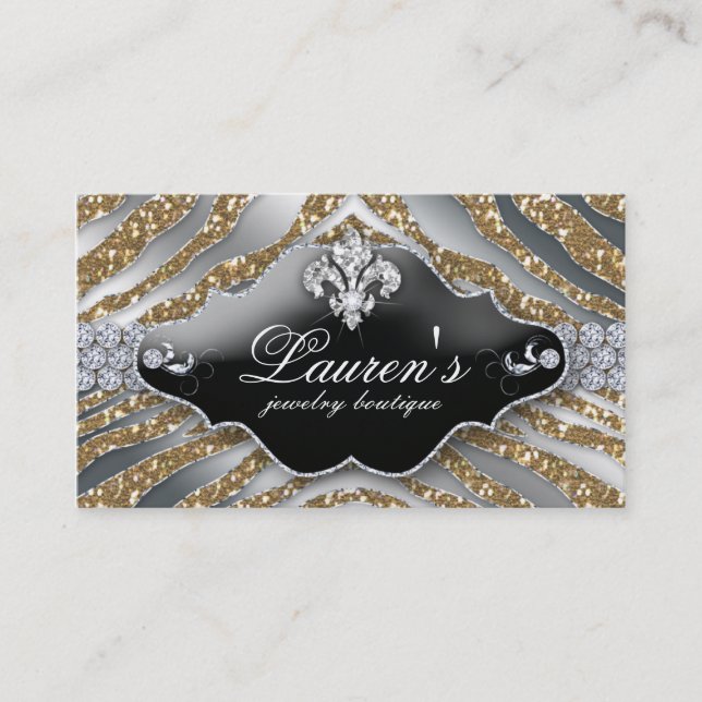 Jewellery Zebra Fleur de lis Sparkle Gold Business Card (Front)