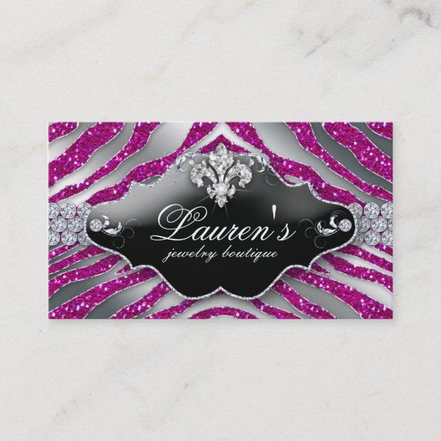 Jewellery Zebra Fleur de lis Sparkle Hot Pink Business Card (Front)