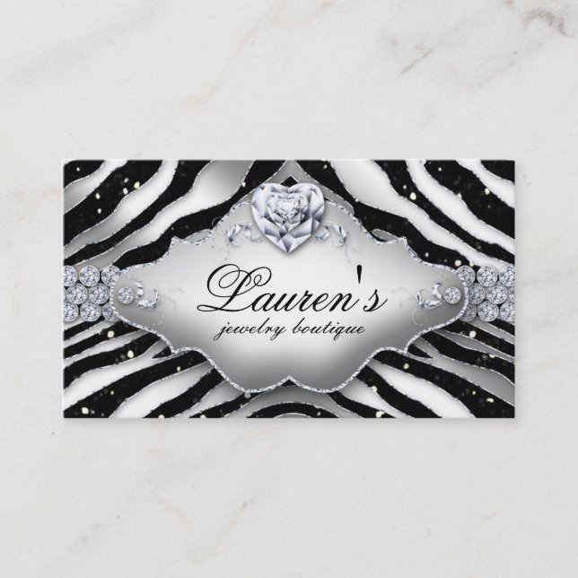 Jewellery Zebra Valentine's Heart Sparkle Black Business Card (Front)