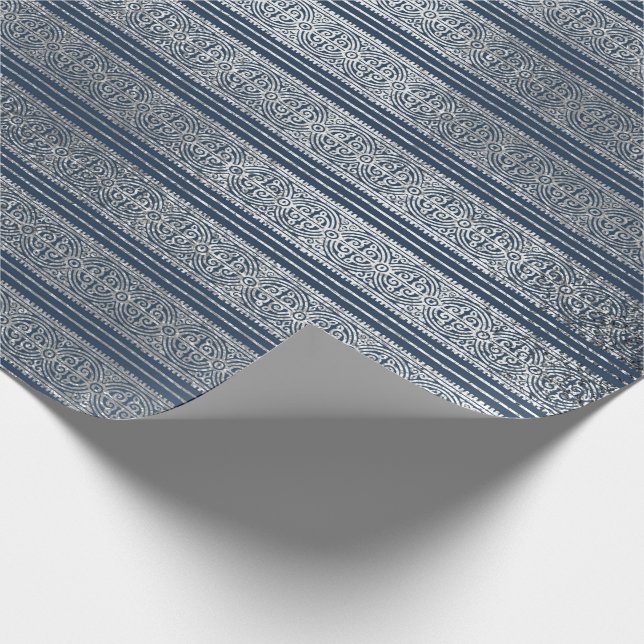Jewelry Celtic Ornament Stripes Blue Navy Silver Wrapping Paper (Corner)