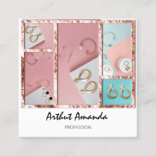 Jewelry Luxury Gold Pearls Rose Pink White Framed Square Business Card
