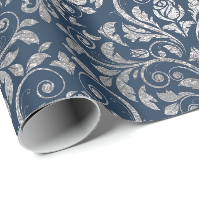 Jewelry Royal Ornament Damask Blue Navy Silver Wrapping Paper (Roll Corner)