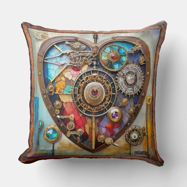 Jewels And Stained Glass Heart Steampunk Series Cushion (Front)