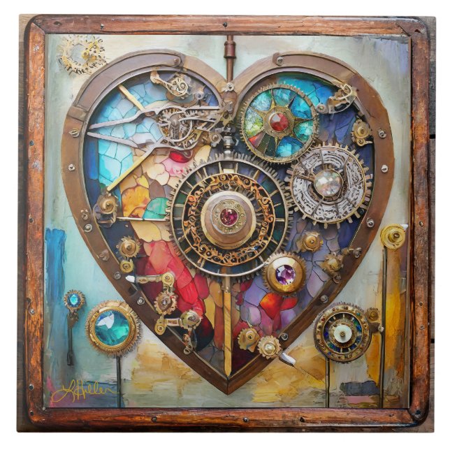 Jewels And Stained Glass Heart Steampunk Series Tile (Front)