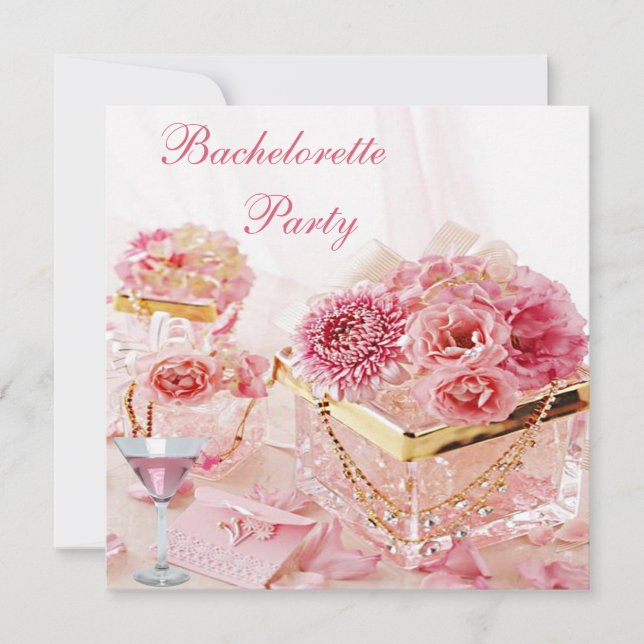 Jewels, Pink Martini & Flowers Bachelorette Party Invitation (Front)