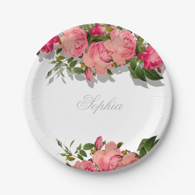 Jewish Baby Naming Girl Pink Floral Hebrew Paper Plate (Front)