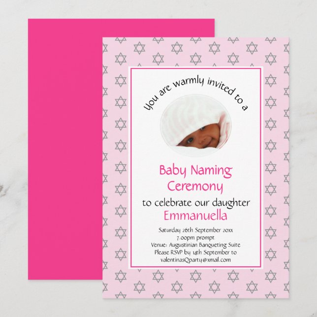 Jewish Baby Naming | Simchat Bat | Photo | Pink Invitation (Front/Back)
