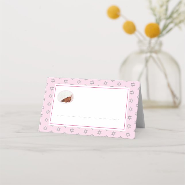 Jewish Baby Naming Simchat Bat Photo Pink Place Card (Front)