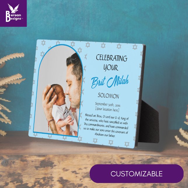 JEWISH BABY SON Custom Name Photo BRIT MILAH Plaque (Cute Jewish baby boy BRIT MILAH plaque with CUSTOMIZABLE TEXT and PHOTO to celebrate your baby)