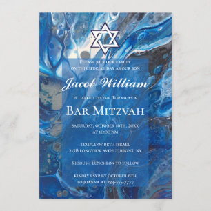Jewish Bar Mitzvah Blue Fluid Art Invitation