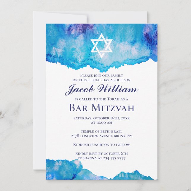 Jewish Bar Mitzvah Blue Watercolor Invitations (Front)