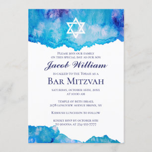 Jewish Bar Mitzvah Blue Watercolor Invitations