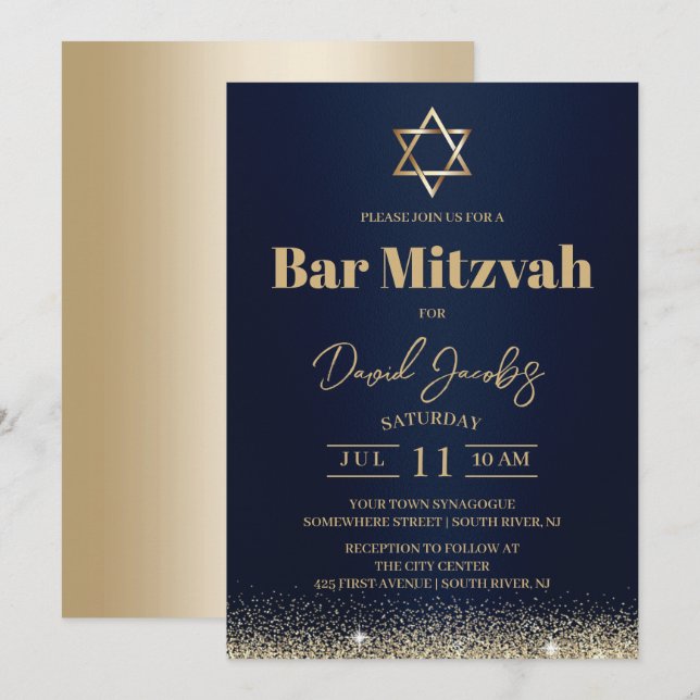 Jewish Bar Mitzvah Modern Navy Blue & Gold Invitation (Front/Back)