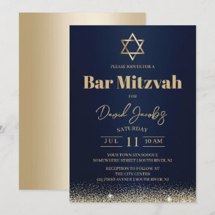 Jewish Bar Mitzvah Modern Navy Blue & Gold Invitation