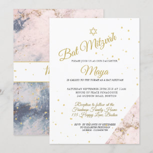 Jewish Bat Mitzvah Pink White Gold Hebrew Invitation