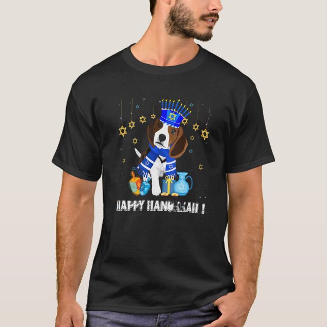 Jewish Beagle Dog Menorah Hat Happy Chanukah Hanuk T-Shirt (Front)
