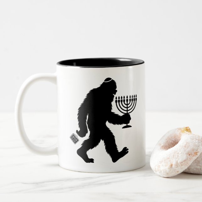 Jewish Bigfoot Hanukkah Chanukah Humour Hilarious  Two-Tone Coffee Mug (With Donut)