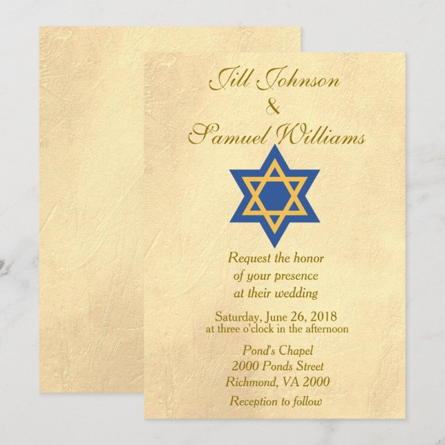 Jewish Blue and Gold Star of David Wedding Invitation (Front/Back)