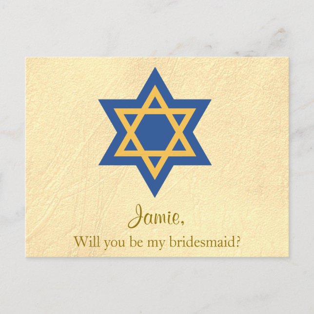 Jewish Blue and Gold Will You be My Bridesmaid Invitation Postcard (Front)