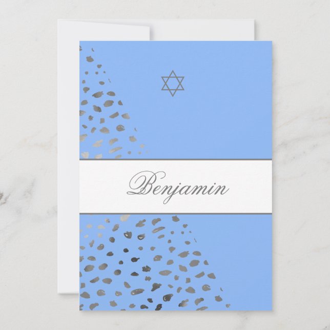 Jewish Boy Baby Naming Blue Hebrew Silver Spots Invitation (Back)