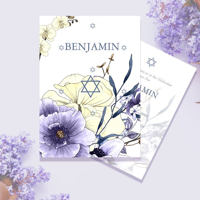 Jewish Boy Blue Floral Naming Ceremony Hebrew Invitation (Creator Uploaded)