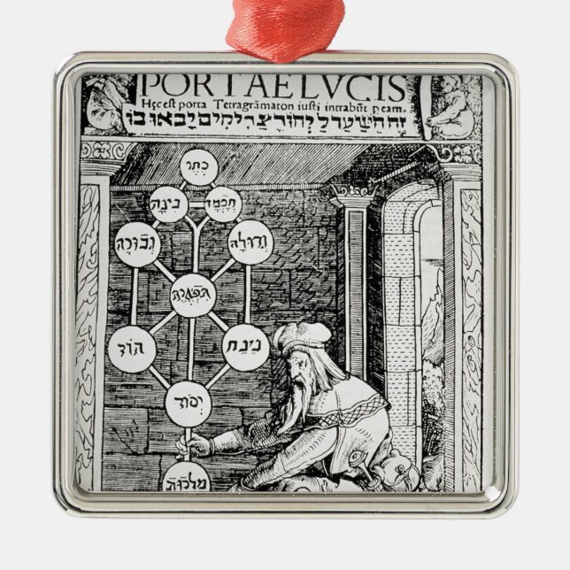 Jewish cabbalist holding a sephiroth metal tree decoration (Front)