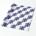 Jewish-Candlesticks-and-Star-1-White Wrapping Paper<br><div class="desc">Jewish-Candlesticks-and-Star-1 From my new Jewish Collection coming into stores now... Candlesticks-and-Star-1. A large triple layered (digital) hammered Star of David with two decorative candlesticks and holders. The candles appear lit. The star and holders are blue and silver. This design is available in assorted patterns and colours. Look for this design...</div>