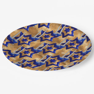 Jewish-Candlesticks-and-Stars Gold 3 Paper Plate